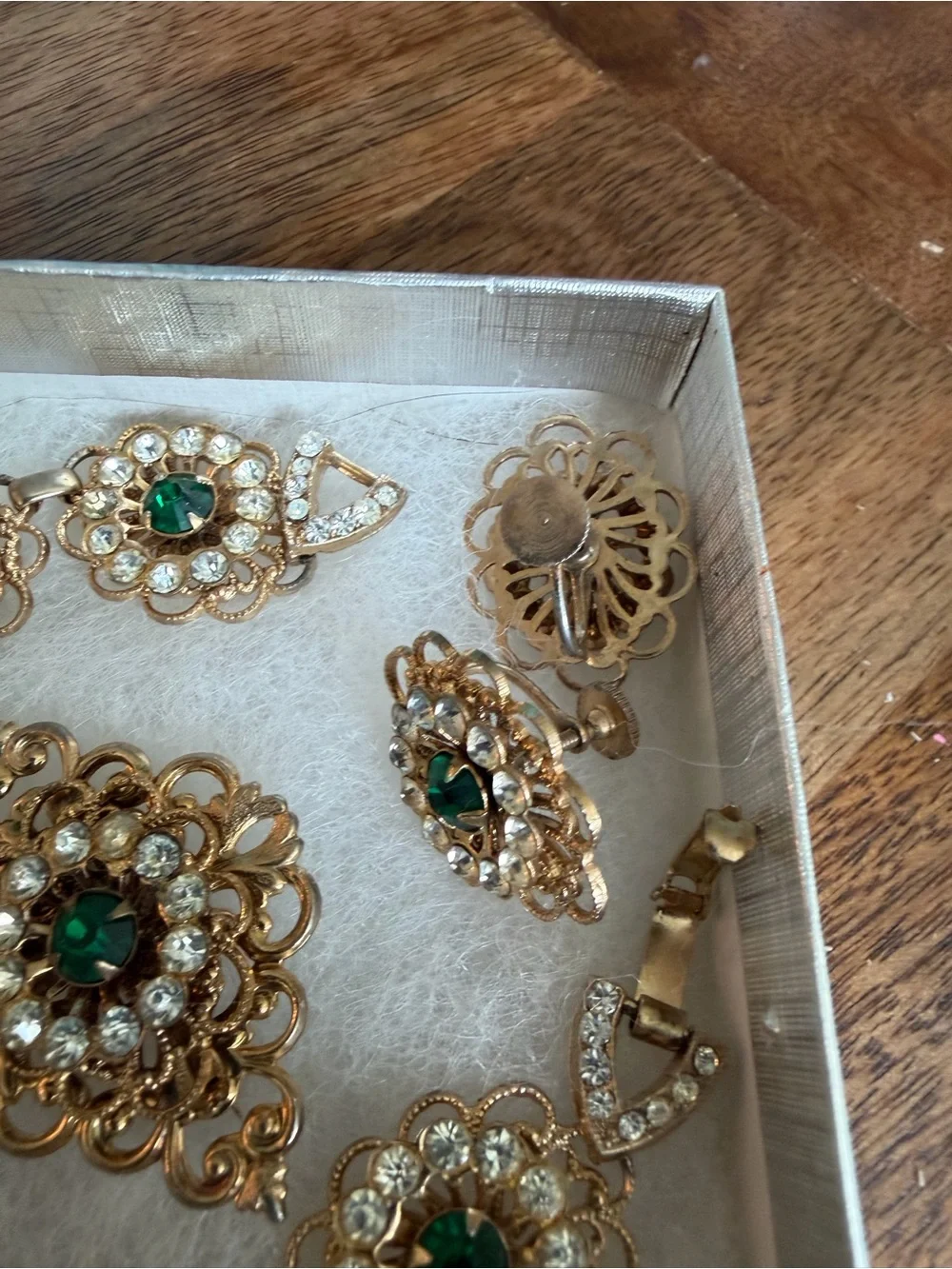 Vintage Gold, Emerald Glass & Rhinestone Floral Necklace, Brooch Earring Set MCM